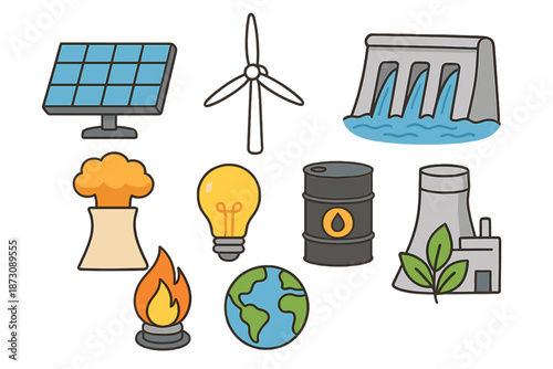 Various energy sources and their symbols showing renewable and non-renewable options in a graphic design