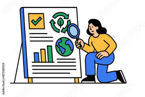 Person examines a poster with data on environmental issues and sustainability in a public space during daylight hours