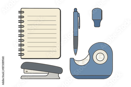 Office supplies on a desk include a notebook, pen, stapler, and tape dispenser