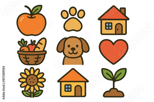 Colorful icons of fruits, pets, nature, and home arranged in a grid pattern on a light background