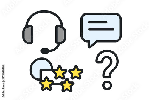Support tools for customer service interactions including headset, chat bubble, rating stars, and question mark symbols for effective communication