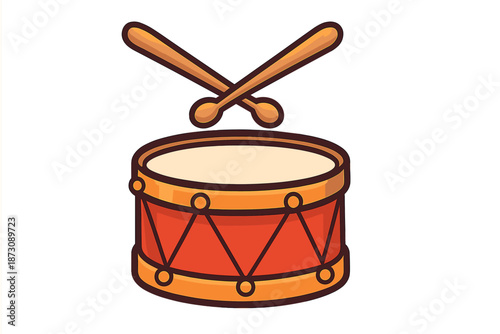 Drum with sticks in a simple style for kids, using bright colors and clear shapes to show music and rhythm