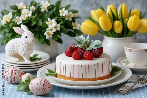 Easter cake with strawberries and tulips