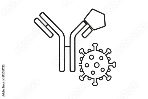 Illustration of antibodies interacting with a virus in a scientific depiction of immune response
