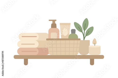 Towels and skin care products on a shelf with a plant and a candle in a bathroom setting