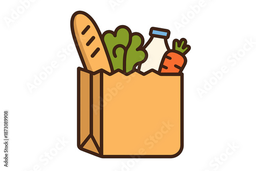 Fresh groceries in a paper bag with bread, vegetables, and milk on a table in a kitchen setting during daytime