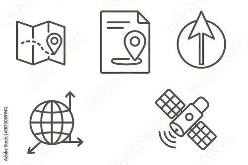 Icons showing navigation tools for finding locations and direction using maps and satellites with symbols for users