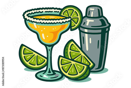 Margarita glass with shaker and lime slices on a table during a summer gathering at a home