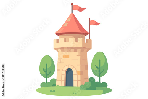 Castle with flags stands in a green area surrounded by trees in a sunny setting