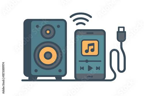 Wireless speaker and smartphone playing music with a charging cable connected