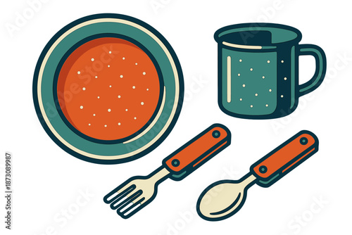 Dining set with plate, cup, fork, and spoon on a flat surface during a simple meal preparation