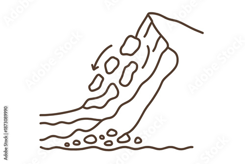 Diagram showing rockslide movement on a slope with arrows indicating rock direction and flow