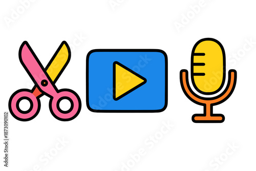 Tools for editing content with scissors, video play button, and microphone on a plain background for digital projects