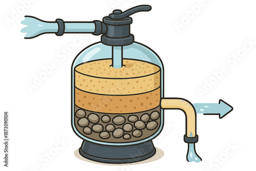 Water filtration system showing layers of sand and gravel with pipes for inflow and outflow during a cleaning process