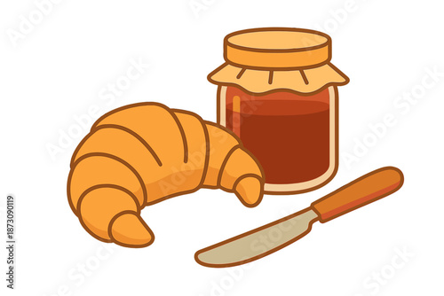 Croissant with jar of jam and knife on a white background ready for breakfast