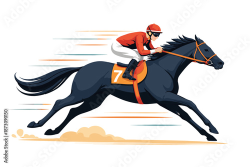 Male jockey in red racing on black horse at high speed