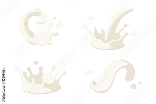 Different shapes and forms of milk splashes on a white background during a creative project or artistic illustration