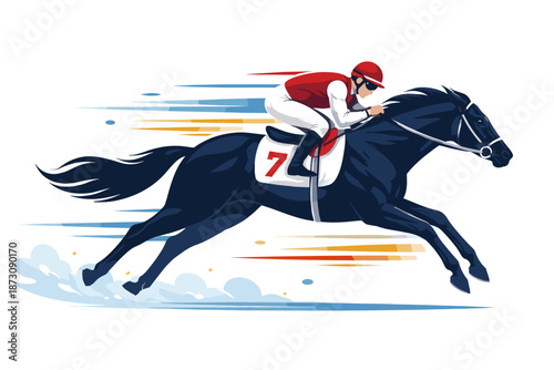 Dynamic racing scene with jockey on galloping black horse