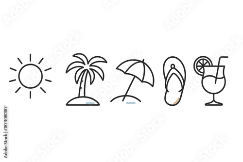Summer symbols show sun, palm tree, beach umbrella, flip flop, and tropical drink at a beach scene