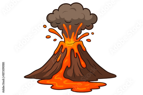 Volcano erupts with lava and ash rising into the air, showing natural forces at work in a colorful scene