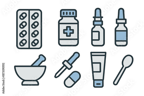 Various medical items and tools on a plain background, showing containers, droppers, and a mortar for mixing