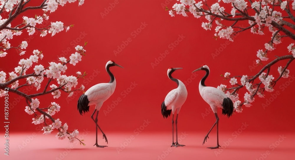 Fototapeta premium Cranes amid cherry blossoms against a red backdrop