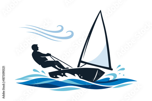 Silhouette of a sailor navigating waves in a sailboat illustration