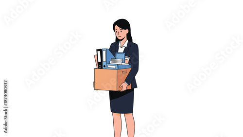 Sad young businesswoman in a dark suit holds a cardboard box full of office supplies after losing her job in a corporate layoff.
