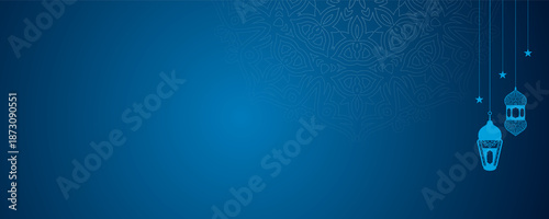 Canvas Print Blue background with hanging lanterns and stars for Ramadan or Islamic celebrati