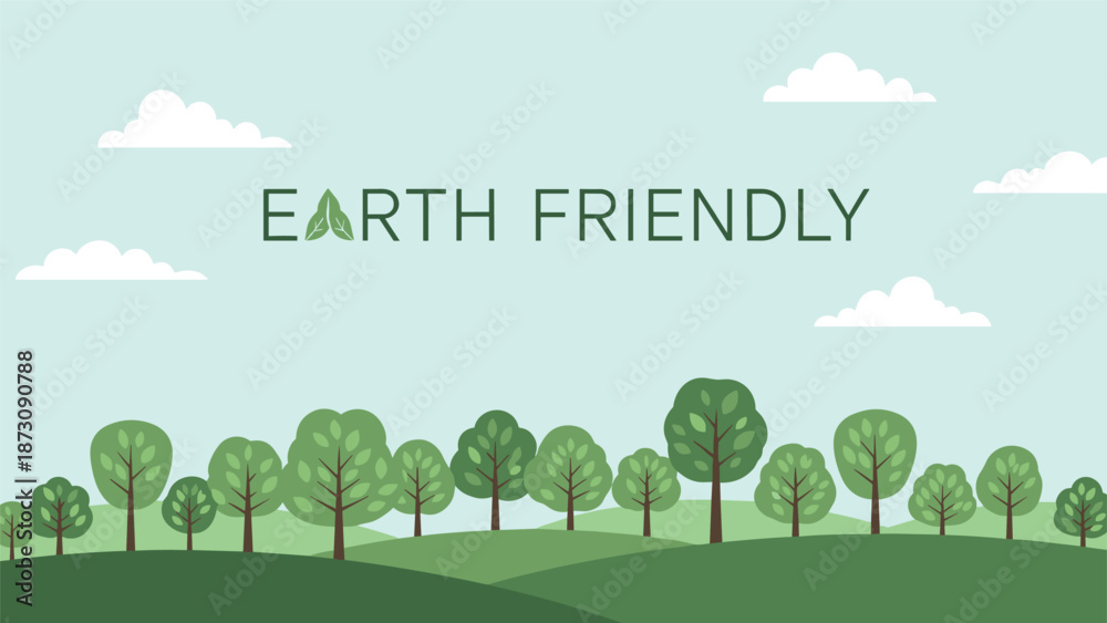 Fototapeta premium Beautiful green landscape featuring rows of trees on hills under a clear sky with earth friendly text promoting environmental care.