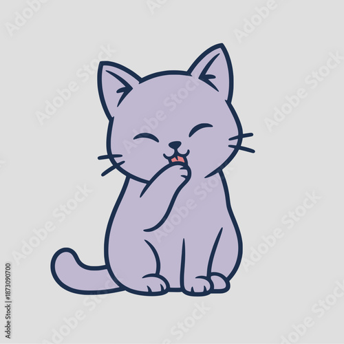 Cute purple cat licking paw with adorable expression