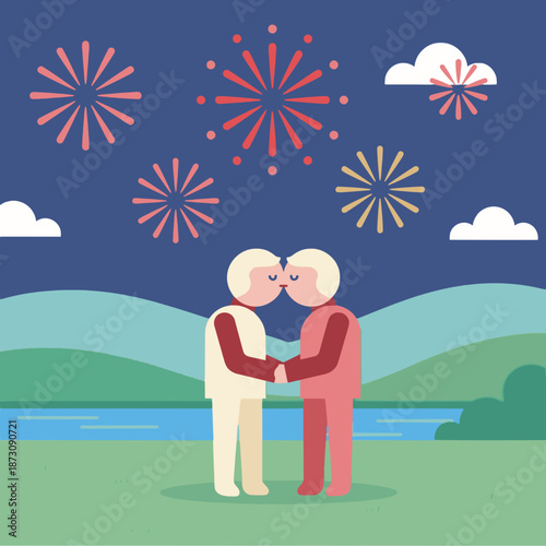 Elderly couple sharing romantic kiss under vibrant fireworks display