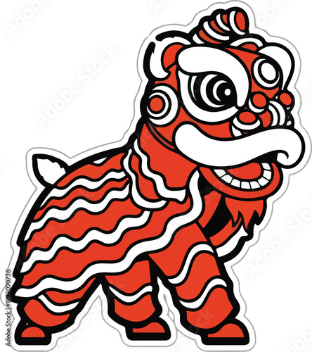 Vibrant Red Lion Dance Performance Character.