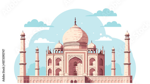 Architectural illustration of the majestic Taj Mahal in Agra, India, set against a calm blue sky with soft white clouds.