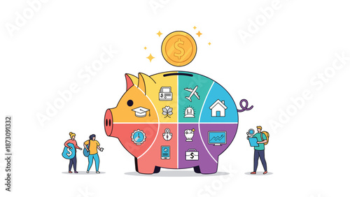 Large colorful piggy bank divided into multiple sections for different savings categories such as education, travel, and housing.