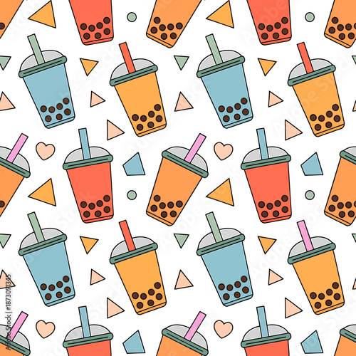 Colorful iced bubble tea drinks with straws in repeating pattern