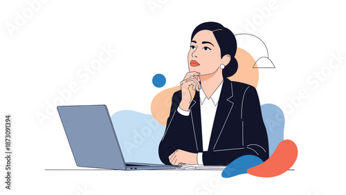 Thoughtful businesswoman in a black suit sitting at her desk with a laptop and looking up as she considers new ideas and strategies.