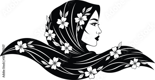 Elegant hijab woman illustration with floral scarf design, celebrating beauty, modest fashion, femininity, and cultural identity isolated on white background