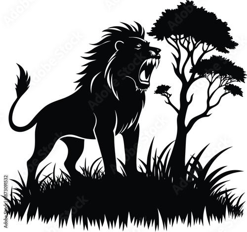 Majestic roaring lion silhouette with savanna tree and grass Vector