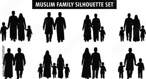 Muslim family silhouette set showing parents and children walking together, representing Islamic culture, faith, unity, and traditional family values