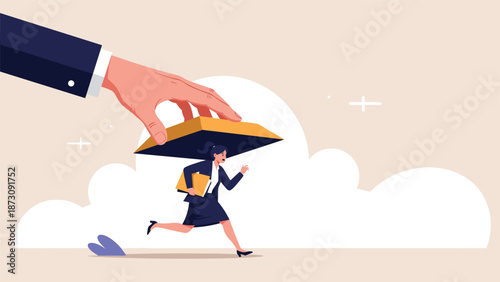 Small businessman in a hurry runs under a giant hand holding a yellow folder or lid to represent corporate pressure and oversight.