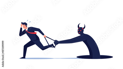 Professional businessman struggling to escape from a demonic shadow figure pulling him back into a dark hole in the ground.
