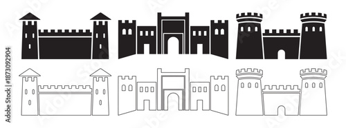 Medieval Castle Fortress Walls and Gatehouse Icons in Silhouette and Outline Styles for History and Defense Themes