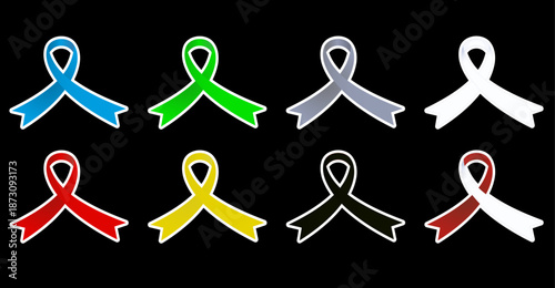 Set of Colorful Awareness Ribbons Vector Icons (Blue, Green, Gray, White, Red, Yellow, Black)