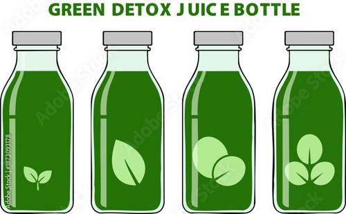 Four green detox juice bottles displaying different vegetable leaf icons for healthy refreshment on white background