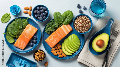 Healthy Salmon Meals with Avocado, Berries, and Nuts.