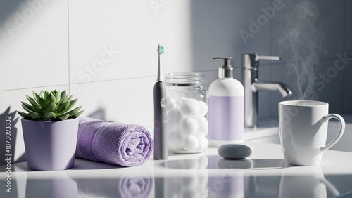 Morning Routine Essentials on a Bathroom Countertop.
