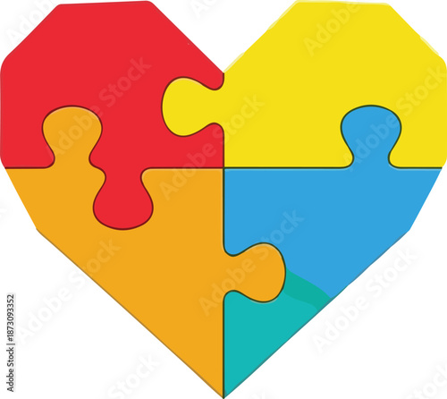 Colorful heart shaped puzzle pieces together.