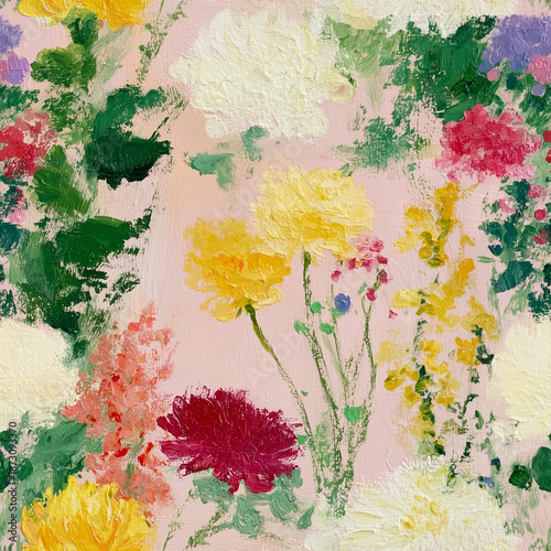 Vintage Floral Garden Seamless Pattern: A richly textured oil painting of colorful flowers and leaves on a pastel pink background, ideal for textiles, wrapping paper, and timeless interior decor