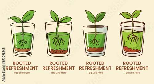 Illustrated sequence showing a small green sprout developing roots inside a glass of water on white background